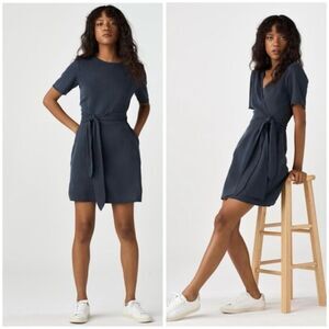 Vetta The Short Wrap Dress in French Navy Gray Mini Short Sleeve S Minimalist